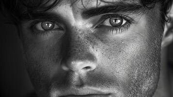 Rugged gaze in harsh light black-and-white portrait image closeup, photo