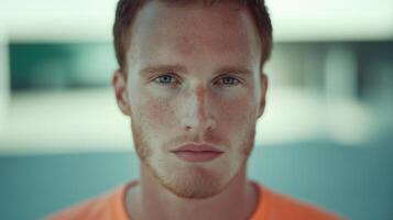 Young man with short red hair and freckles looking at camera portrait image closeup. Serene mood. Calm face close-up photography human scene. Authentic look concept photo-realistic photo