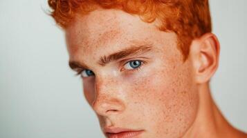 Freckled youth with piercing blue eyes portrait image closeup. Red-haired young man with freckles close-up photography human scene. Close face. Authentic look concept photo-realistic photo