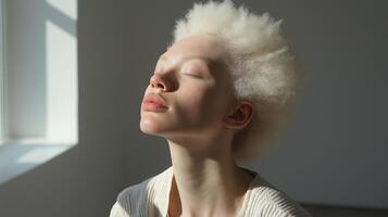 Serene portrait of young albino woman basking in sunlight with eyes closed image closeup. Gentle pose, inner peace close-up photography human scene. Albinism concept photo-realistic photo