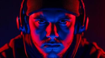 Professional esports player with headphones and beanie image closeup. Intense gamer dramatically lit in vibrant red and blue close-up photography. Cybersport concept photo realistic