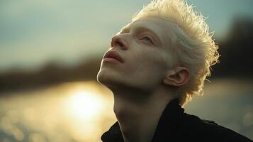 Dramatic portrait of albino man gazing upward into sunset sky image closeup. Strong jawline, evening river light close-up photography human scene. Albinism concept photo-realistic photo