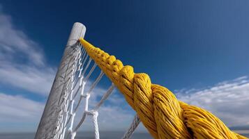 Bright yellow rope tied securely to a wooden post under a clear blue sky at the beach photo