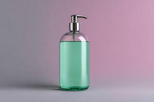 Transparent hand sanitizer in pump bottle on a gradient background photo