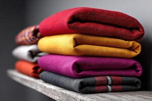 Neatly folded fabrics arranged on a wooden shelf with varying textures and colors photo