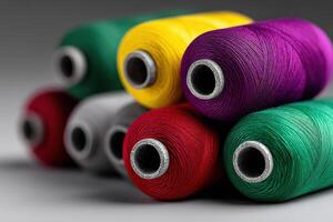 Colorful thread spools stacked on a soft surface for sewing and crafting activities photo
