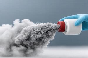 Hand in glove pouring gray powder creating cloud of smoke in laboratory setting photo