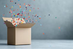 Confetti bursts from a brown cardboard box in a festive indoor setting photo