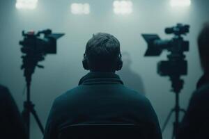 News anchor prepares for a live broadcast amid cameras and dim lighting photo