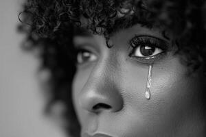 Emotional expression captured in close-up portrait of a woman with tears in her eyes photo