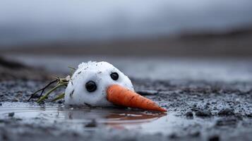 Melted snowman resting on ground with carrot nose in close-up view during winter thaw photo