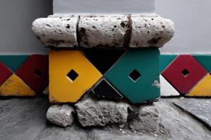 Colorful tile design complements stone pillar in a historic building photo