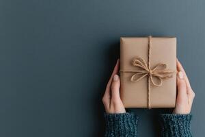 Assembling a client welcome package with care and attention on a gray surface photo
