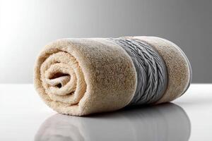 Soft bath towel neatly rolled on a reflective surface, showcasing texture and elegance photo