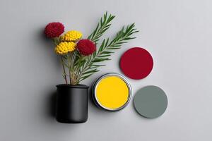 Color palette layout featuring paint, flowers, and circular color samples on a gray background photo