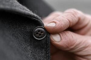 Elderly tailor expertly sewing a button onto a coat in a cozy workshop atmosphere photo