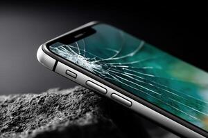 Phone with a cracked screen resting on a rock against a dark background photo