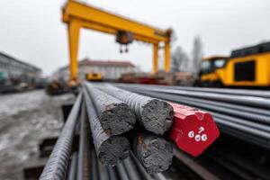 Steel round rods and flat rods stacked in an industrial setting with cranes in background photo