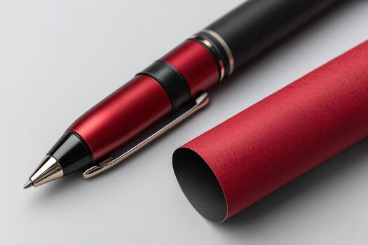 Certificate diploma scroll and a polished pen arranged elegantly on a clean surface photo