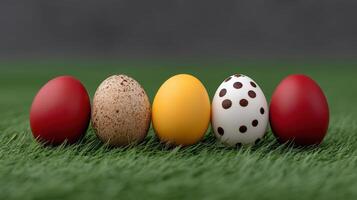 Colorful Easter dyed eggs beautifully arranged on vibrant green grass background photo