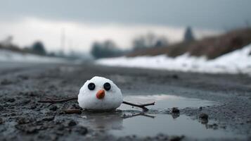 Melted snowman rests on muddy ground during winter thaw after a snowstorm photo