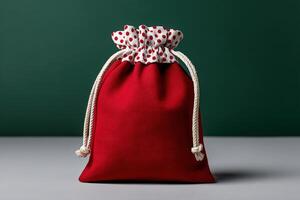 Fabric pouch with drawstring sits on a surface against a green background photo