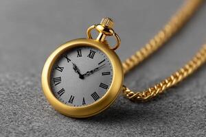 Pocket watch with golden tone and intricate details resting on a textured surface photo
