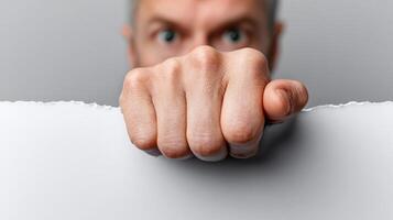 Pointing finger breaking through a barrier during a dramatic moment in a neutral setting photo