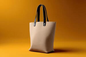 Tote bag with minimal folds hanging against a vibrant orange background in a styled setting photo