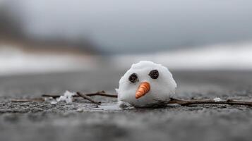 Melted snowman laying on the ground in a winter landscape close-up view photo