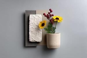 Exploring textures and colors in a contemporary moodboard featuring natural elements photo