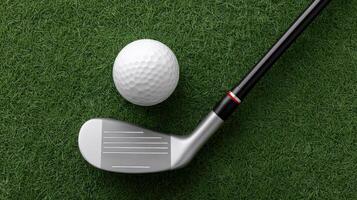 Close view of a golf ball and club resting on green grass during a sunny day photo