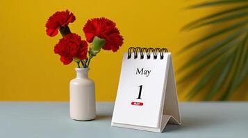 Brightly colored desk calendar showing May with red flowers in a vase on a blue table photo