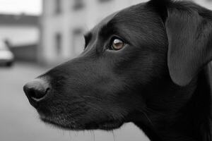 Black dog gazes intently in an urban setting during daylight hours photo