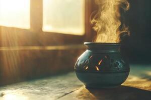 Incense burns softly in a ceramic pot, filling the room with aromatic smoke photo