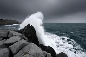 Waves crashing against rocky coastline under dark stormy sky at seaside location photo