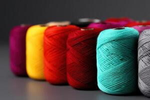 Brightly colored yarn spools lined up on a gray surface for crafting and sewing projects photo