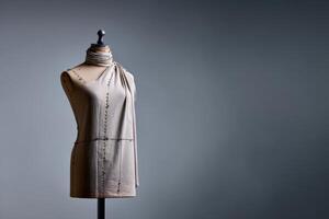 Mannequin draped in muslin fabric against a gray backdrop in a design studio setting photo