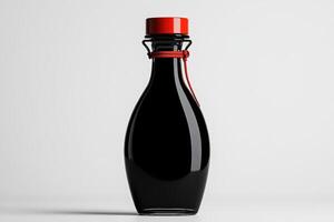 Elegant glass bottle with a red cap filled with dark liquid, perfect for culinary use photo