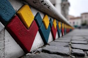 Colorful decorative tiles along a stone pathway in a vibrant urban area during the day photo