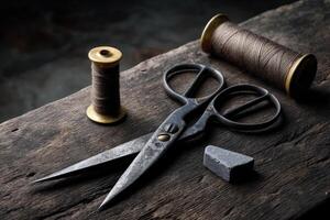 Crafting tools displayed on weathered wooden surface in a dimly lit environment photo