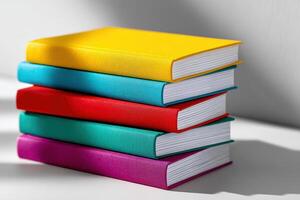 Colorful books stacked on a white table create a vibrant and inviting atmosphere photo