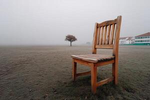 Empty wooden chair stands alone in a foggy field near a single tree at dawn photo