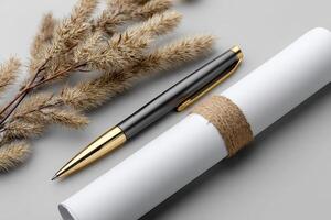 Elegant diploma scroll with a pen resting on a neutral background surrounded by natural elements photo