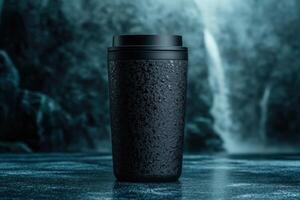 Mysterious black travel cup with water droplets near an ethereal waterfall setting photo
