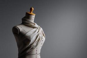 Mannequin displaying elegant draping of muslin fabric in a minimalistic setting photo