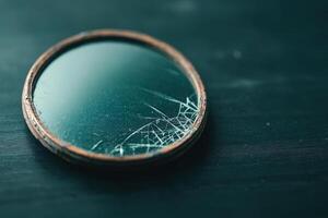 Broken circular mirror resting on a dark wooden surface with visible cracks and imperfections photo