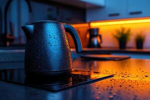 Kettle with droplets reflecting the warm glow of kitchen lights during evening hours photo