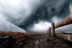 Dark storm clouds gather over agricultural fields near a wooden fence photo
