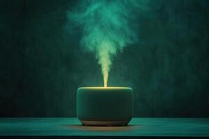 Aromatherapy diffuser emitting soothing mist in a tranquil green setting photo